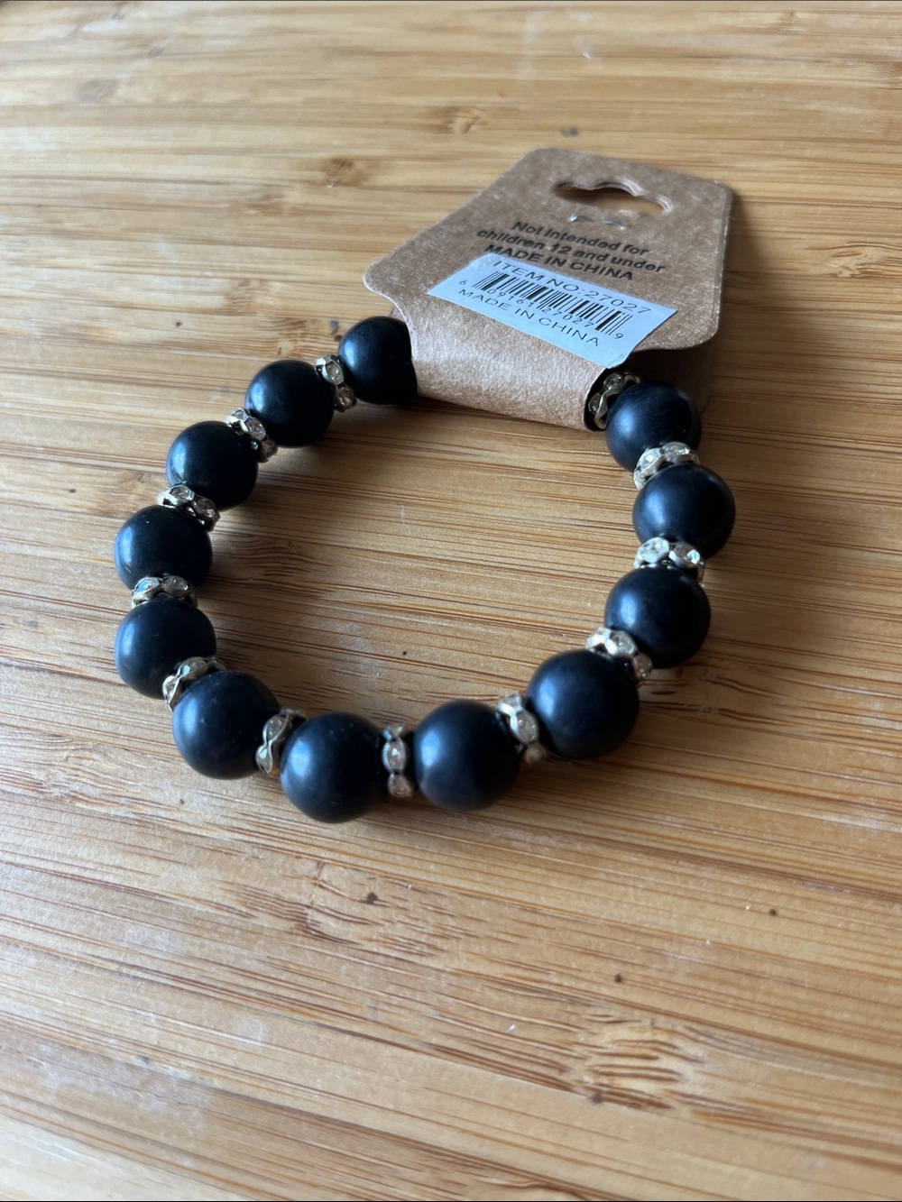 19 Black Beads With Silver Rhinestones Stretch Bracelet